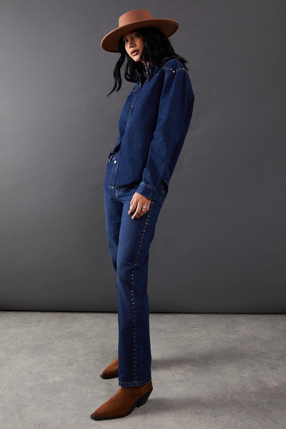 Denim Stud Detail Straight Leg Jean | Nasty Gal